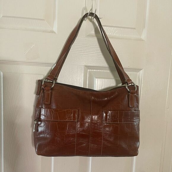 Fossil leather tan crocodile embossed shoulder bag silver tone hardwares. - Picture 1 of 14